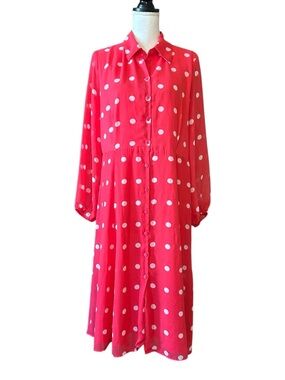 NY & Co Eva Mendes Polka Dot Button Down Shirt Dress Women’s SZ 16 in Red White